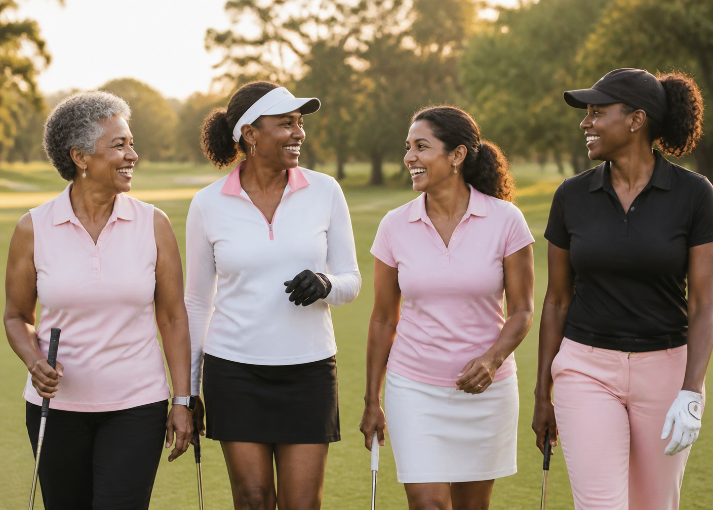 Women laughing together while walking on a golf course fairway