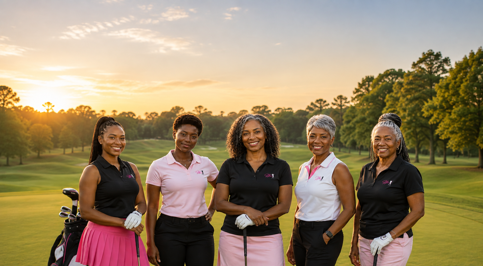 Women golfers standing together on a golf course at golden hour