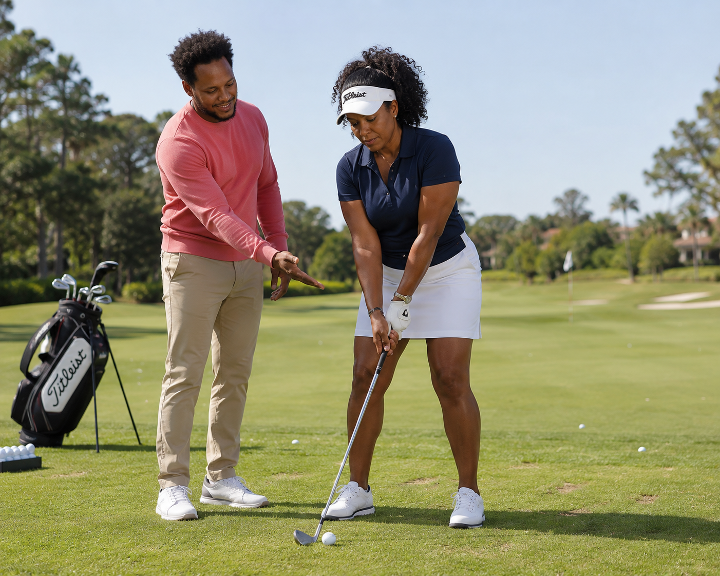 A golf instructor coaching a woman on her swing during a lesson