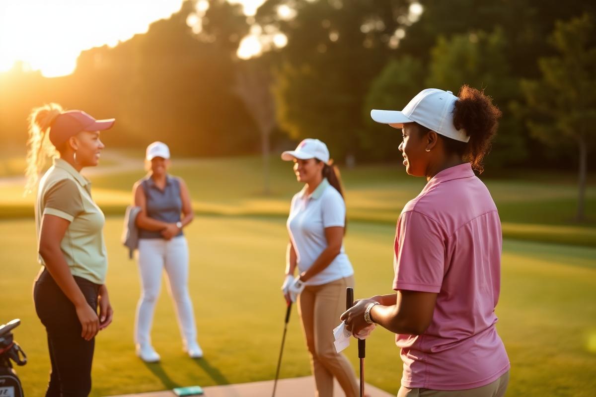 Women learning golf fundamentals with an instructor at golden hour