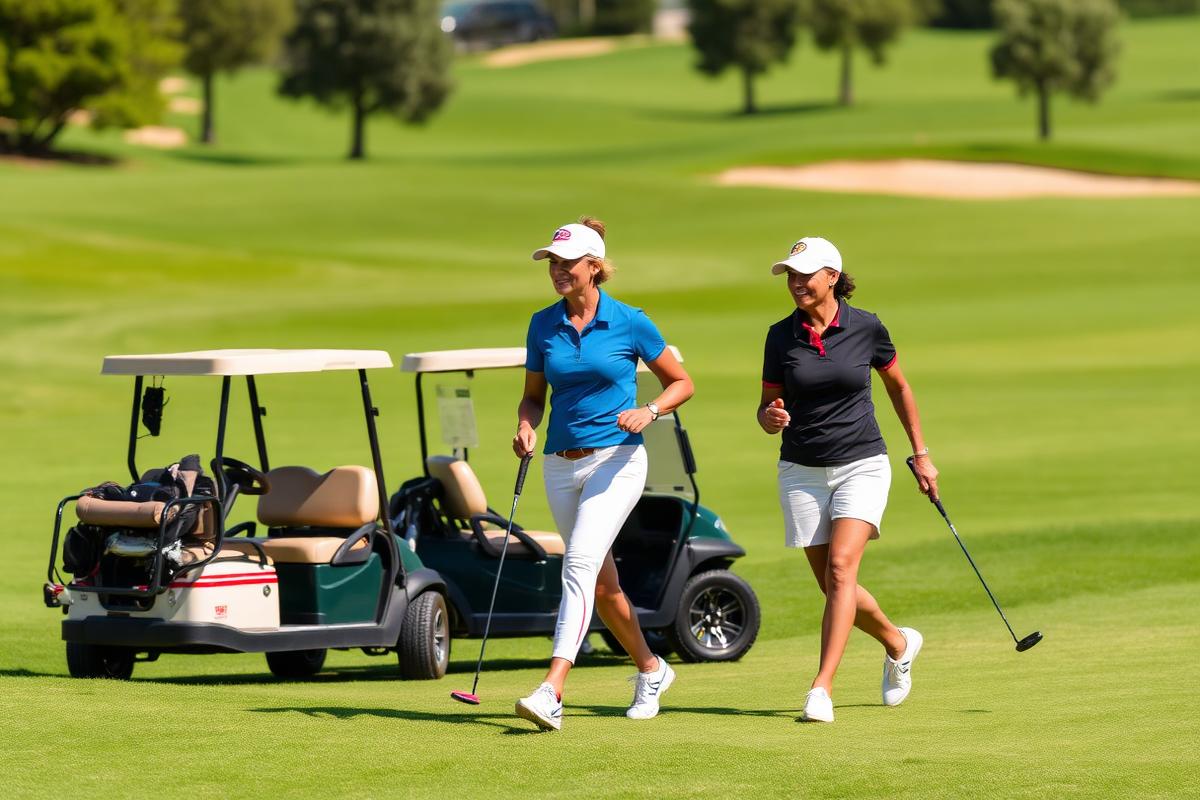 Two women walking the fairway with clubs beside golf carts
